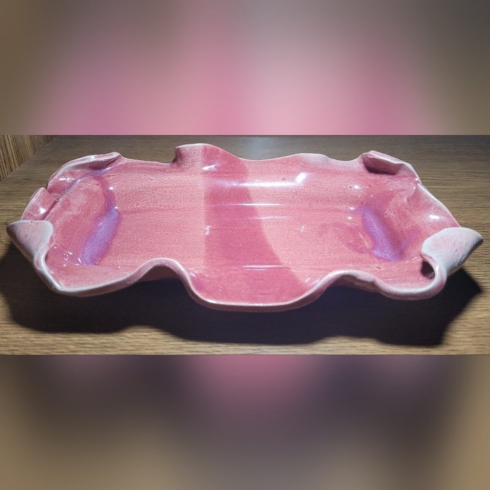 Handmade Pottery Wavy Ruffle Edge Tray In Shades Of Pink ~Serving, Vanity, Plant - Picture 3 of 5